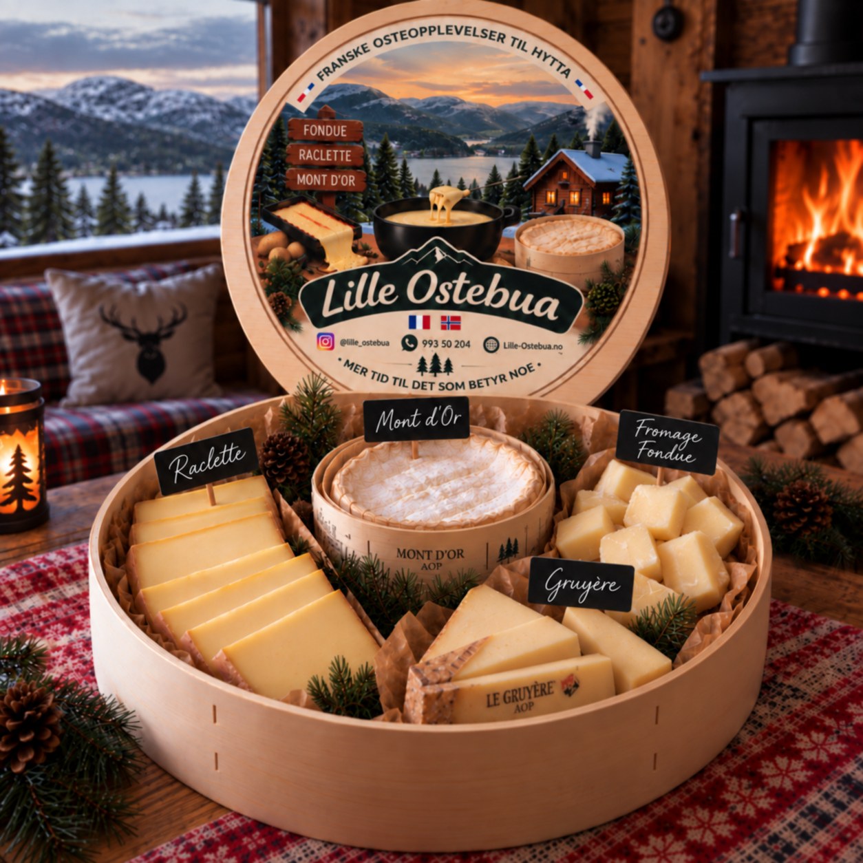 Hytteboks fra Lille Ostebua med Mont d'Or, raclette, morbier og fondueost